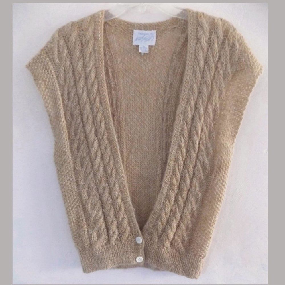 Long sweater vest M Golden brown V-neck Mohair blend Cable knit Sleeveless